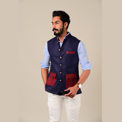 Navy Maroon Tweed Half Hunting Rajputana Jacket