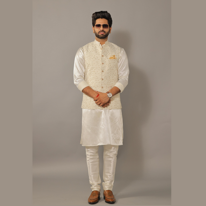 Off White Kurta Payjama Set With Floral Embroidery Jacket -Handcrafted