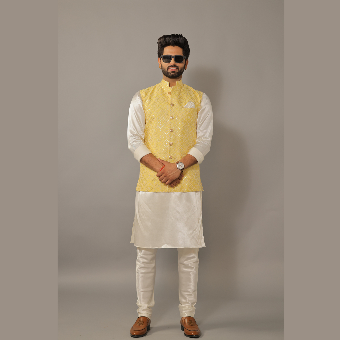 Off-White Kurta Pajama Set with Luckhnawi Embroidery Yellow Color Nehru Jacket