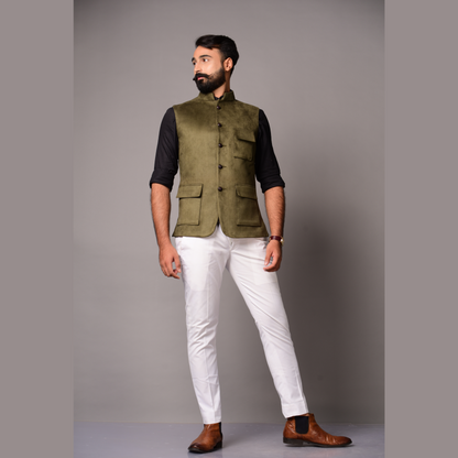 Olive Green Three-Pocket Faux Suede Leather Half Jodhpuri Jacket