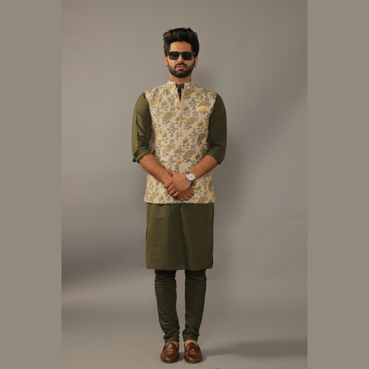 Olive Green Kurta Pajama Set With Banarasi Embroidery Fawn Color Nehru Jacket