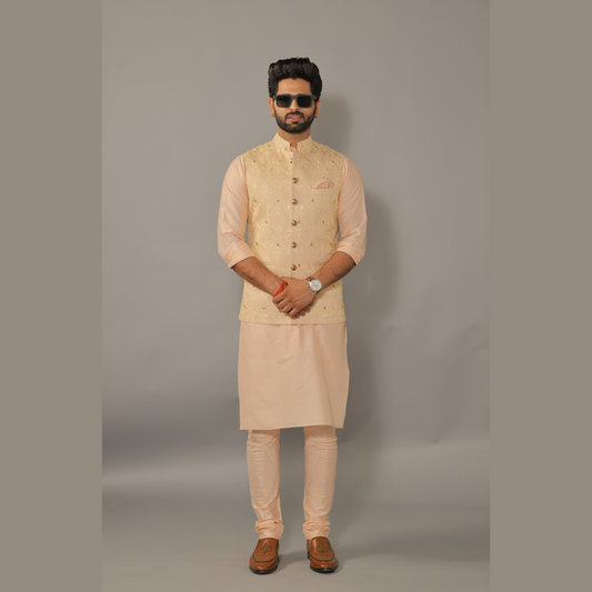 Peach Kurta Pajama Set with Luckhnawi Embroidery Peach Color Nehru Jacket - Handcrafted