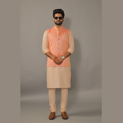 Peach Kurta Pajama Set With Amber Peach Banarasi Nehru Jacket