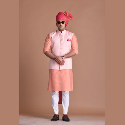 Pink Terry Rayon Nehru Jacket With Peach Silk Kurta Pajama Set