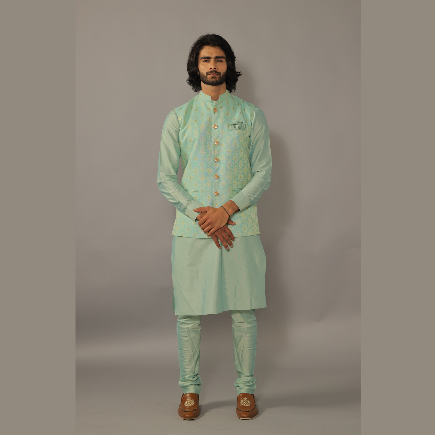 Regal Turquoise Green Banarasi Brocade Nehru Jacket with Silk Kurta Pajama Set