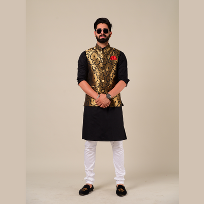 Punjabi Style Black Kurta Pajama With Black Golden Nehru Jacket Set