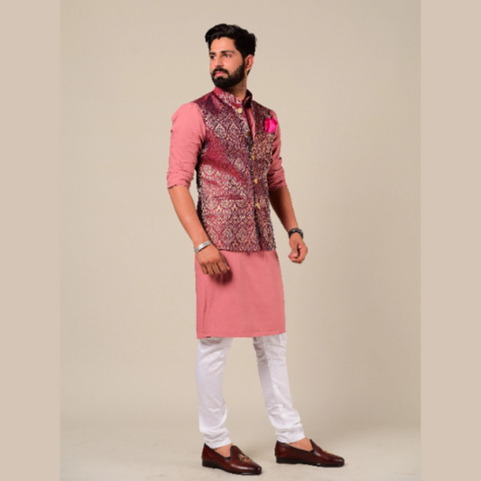 Rosewood Color Kimkhab Half Jodhpuri Jacket With Kurta Pajama Set