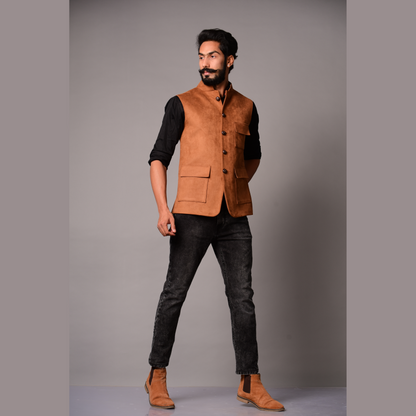 Three Pocket Faux Suede Leather Jacket| Camel Brown Color