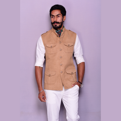 Wheat Brown Suede Leather Semi Hunting Jacket