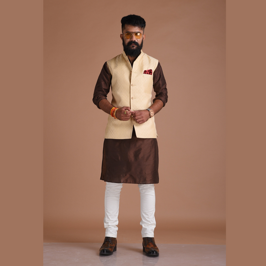 Self Design Brocade Silk Half Jodhpuri Jacket With Kurta Pajama Set
