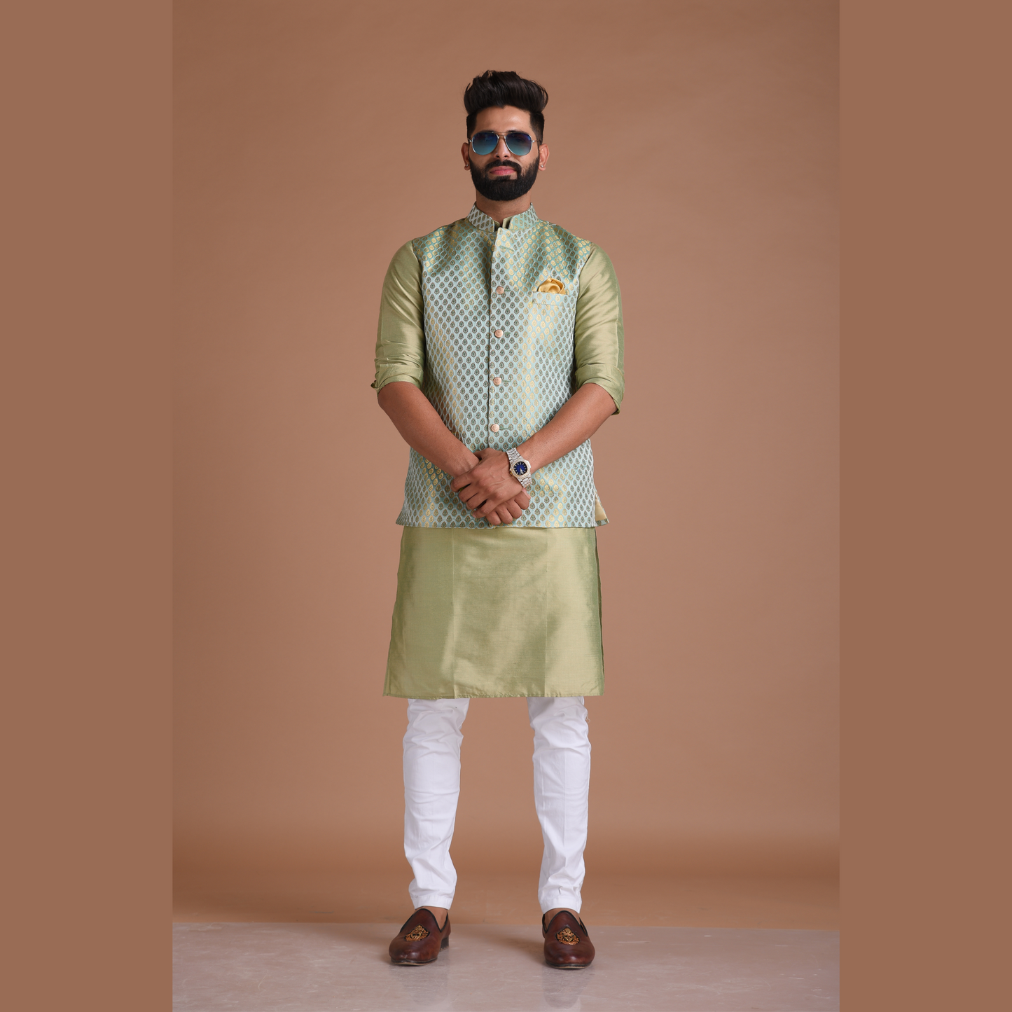 Brocade Silk Kurta Pajama Nehru Jacket Set in Sea Green