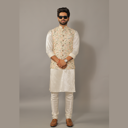 Alluring Multi Color Hand Embroidered Nehru Jacket with Off White Kurta pajama Set
