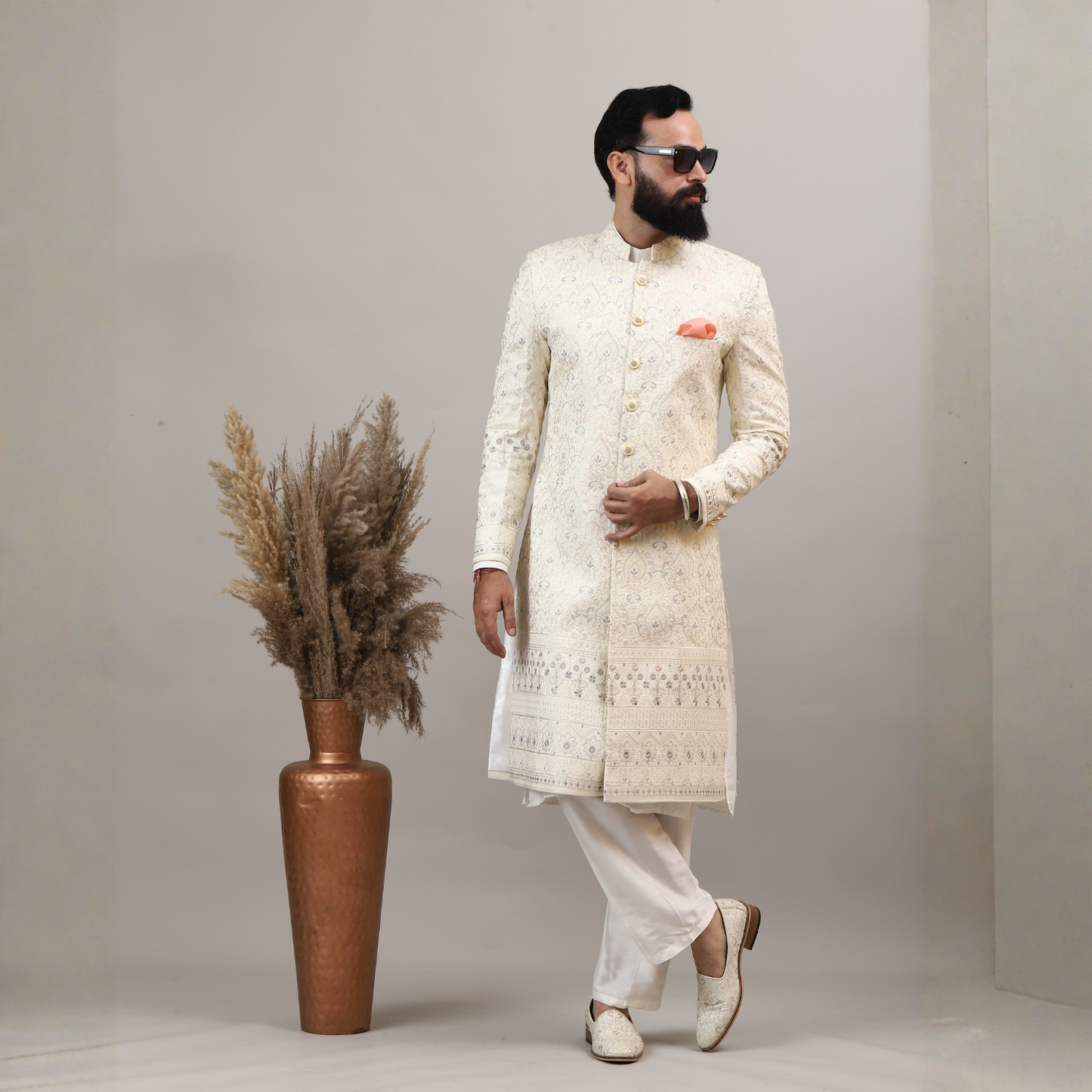 Ivory Embroidered Sherwani Set with Classic Button Detailing | Premium Wedding & Occasion Wear