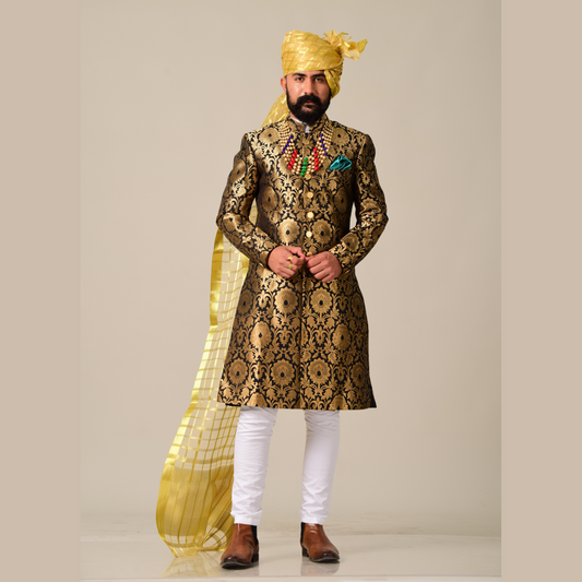 Handloom Brocade Silk Gold & Black Color Royal Achkan