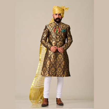 Handmade Royal Golden-Black Brocade Silk Achkan