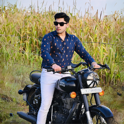 Blue Sanganeri Print Shirt With Red Booti