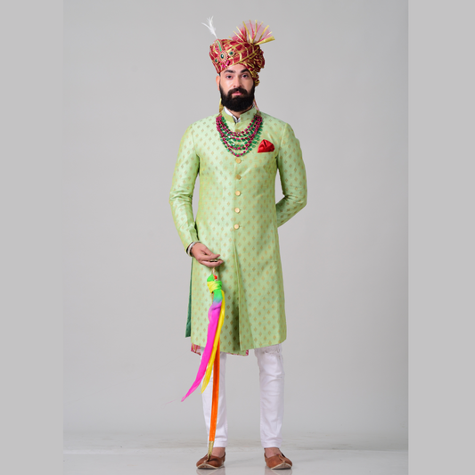 Handloom Brocade Silk | Lime Green | Maharaja Style Sherwani