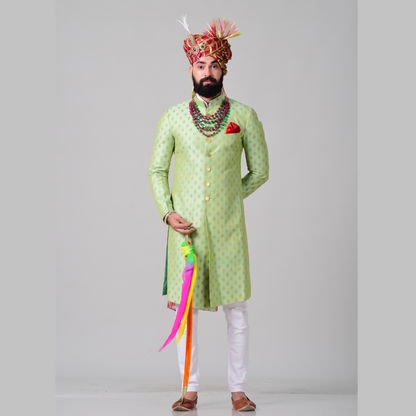 Maharaja Style Lime Green Brocade Silk Sherwani