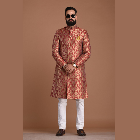 Golden Red Maharaja Style Banarasi Brocade Silk Sherwani