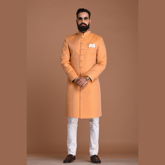 Handloom Brocade Silk | Kesari Color | Punjabi Style Achkan