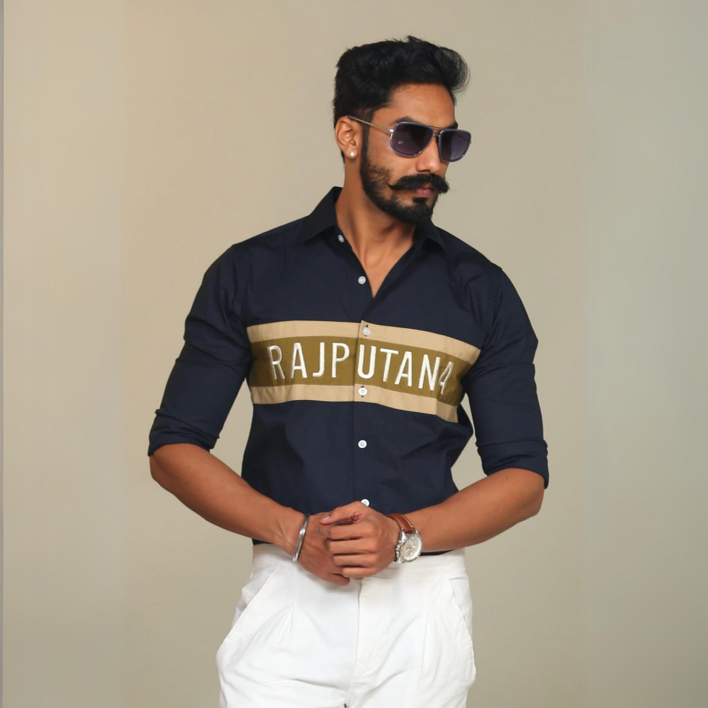 Golden Edition Embroidered Style Navy Blue Rajputana Shirt