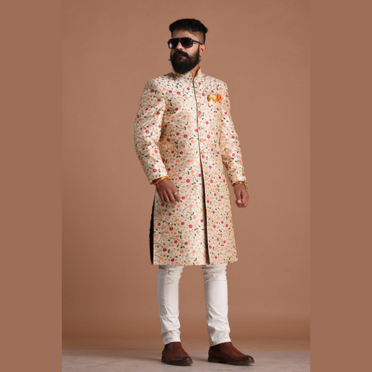 Exclusive Cream Color Floral Pattern Heavy Embroidered sherwani