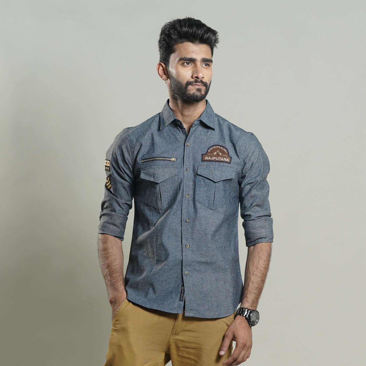 Grey Denim Rajputana Shirt with Zipper detail