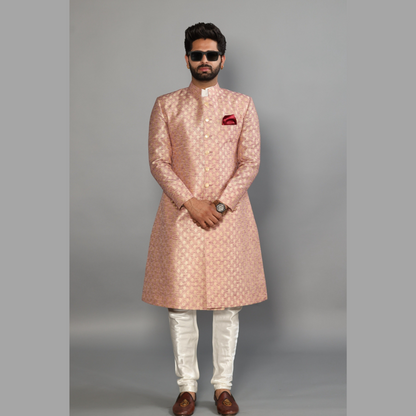 Handmade Banarasi Brocade Achkan for Men | Father Son Combo | Silver Pink Color | Pastel Colour Sherwani | Perfect for Grooms