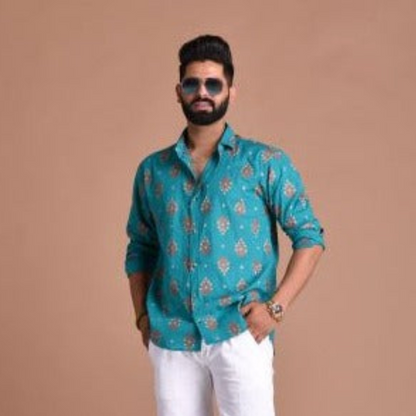 Jade Green Color Sanganeri Printed Shirt