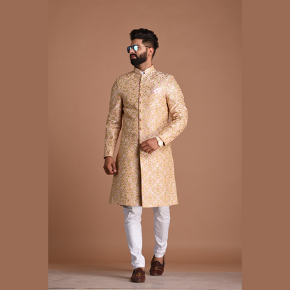 Cream Base With Pink Heavy Embroidered Floral Sherwani