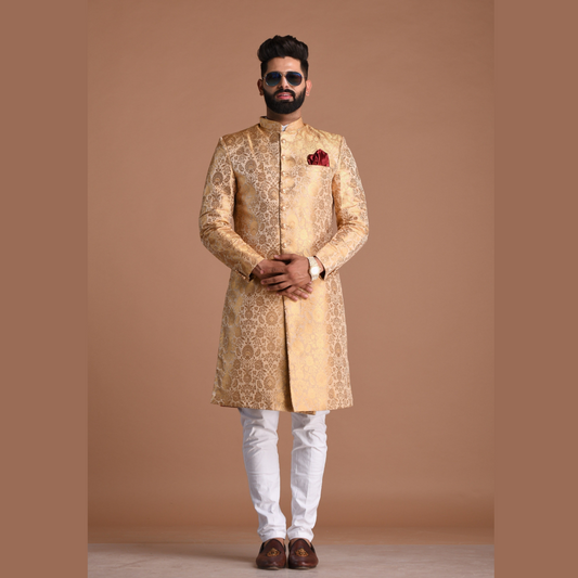 Fawn And Golden Banarasi Brocade Silk Heavy Embroidery Sherwani