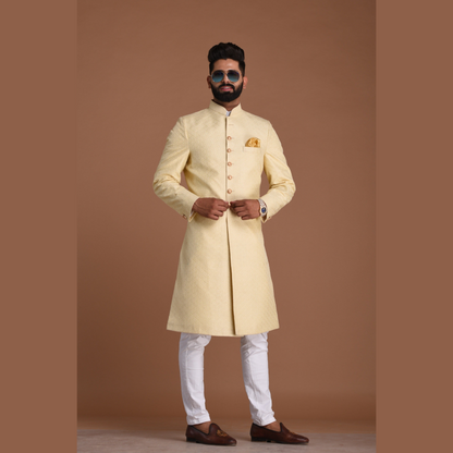 Fawn Golden Color Booti Club Pattern Brocade Silk Sherwani