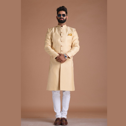 Fawn Golden Color Club Pattern Brocade Silk Sherwani