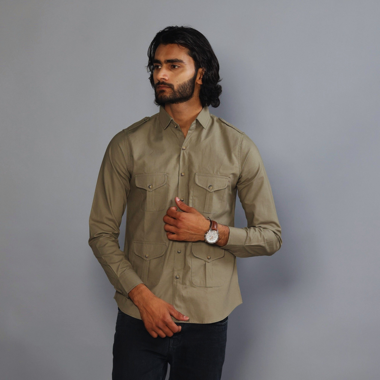 Moss Green Color Cotton Hunting Shirt