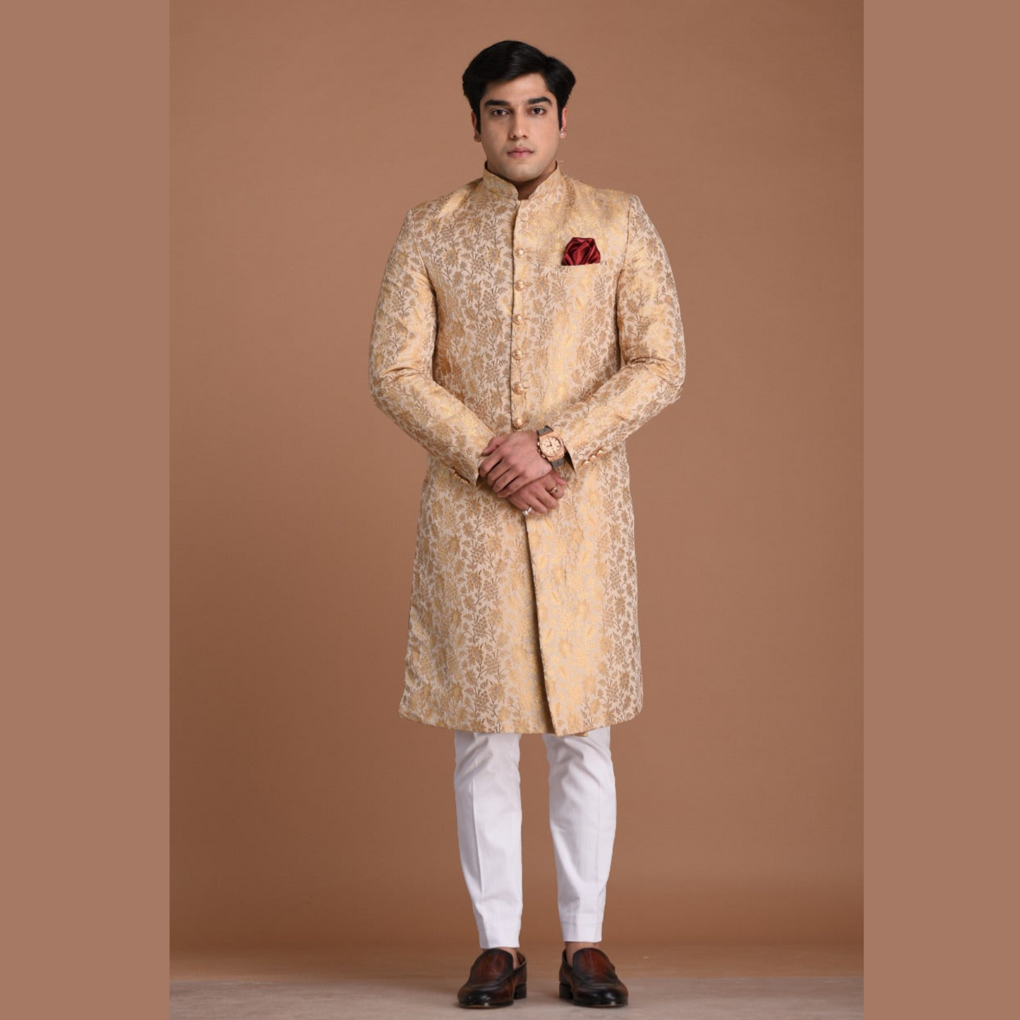 Golden Cream Color Royal Banarasi Silk Sherwani