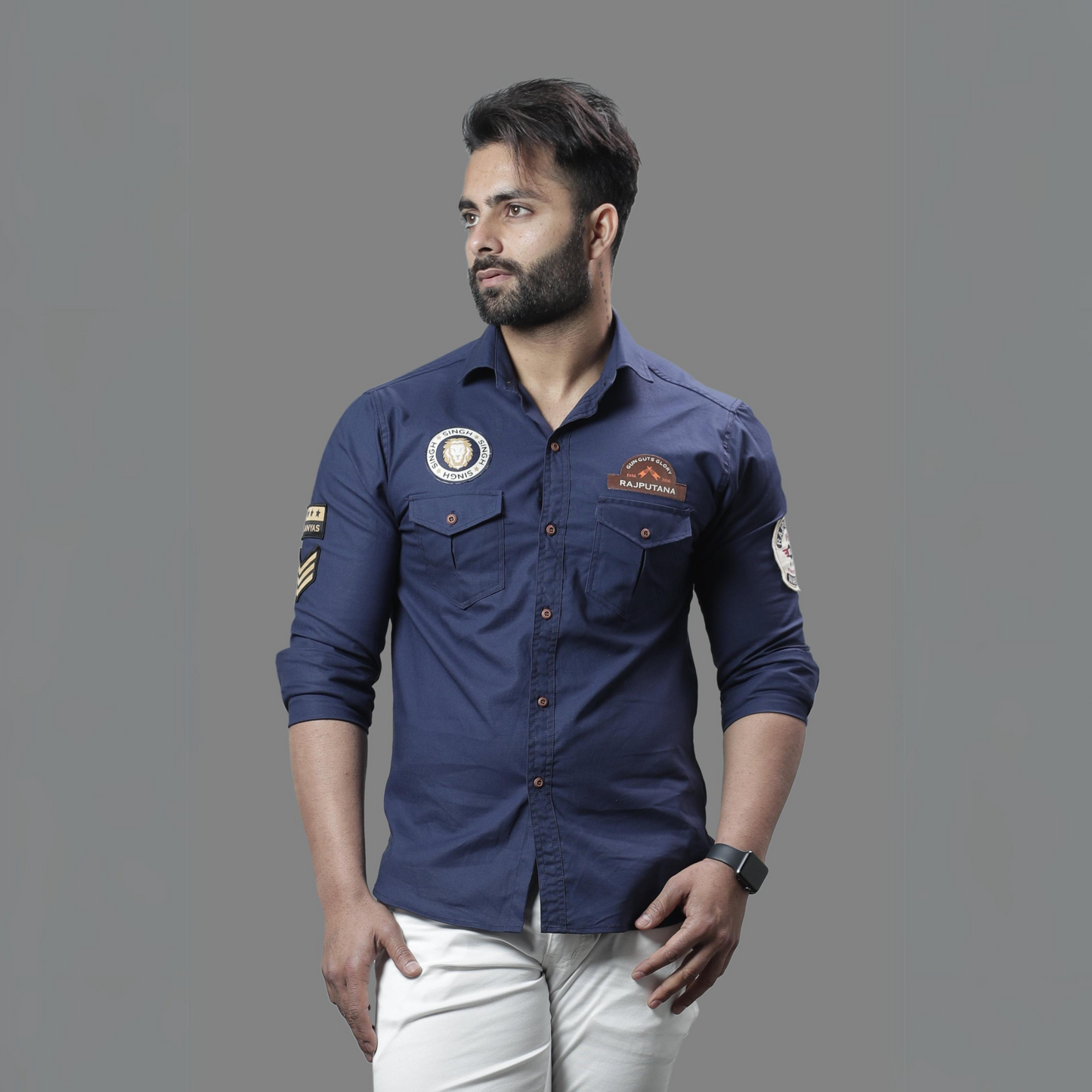 Navy Blue Pure Semi Hunting Style Rajputana Shirt