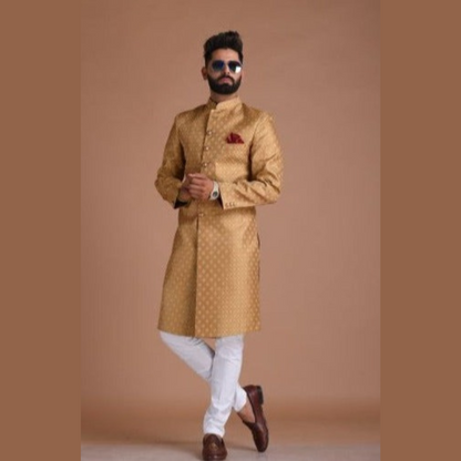 Handmade Royal Golden Brown Brocade Silk Sherwani