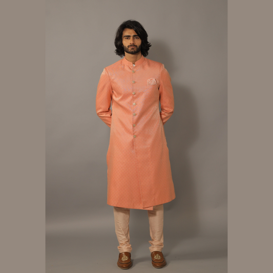 Handcrafted Brocade Achkan for Men | Morrocan Pattern Self Embroidered | Father Son Combo | Pink Color | Perfect for Groom Wear