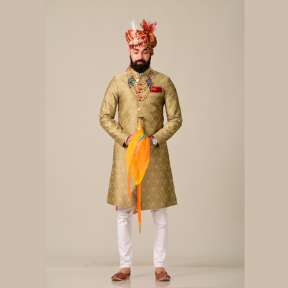 Traditional Pebble Gold Brocade Silk Designer Sherwani