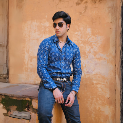 Sanganeri Printed Navy Blue Shirt