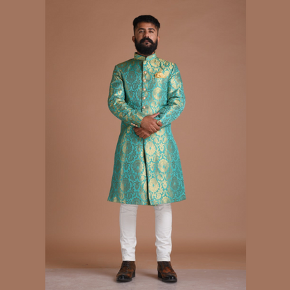 Handmade Vibrant Sea Green Brocade Silk Sherwani