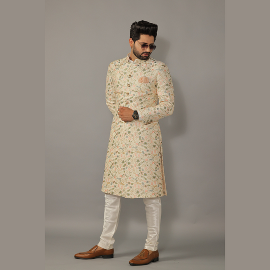 Lucknowi Chikankari Embroidered Pastel Color Sherwani Achkan with Floral Details