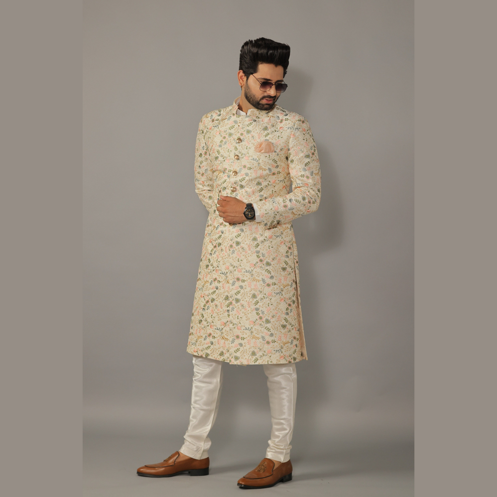 Lucknowi Chikankari Embroidered Pastel Color Sherwani Achkan with Flor ...