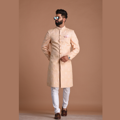 Lucknowi Chikankari Embroidered Peach Color Sherwani