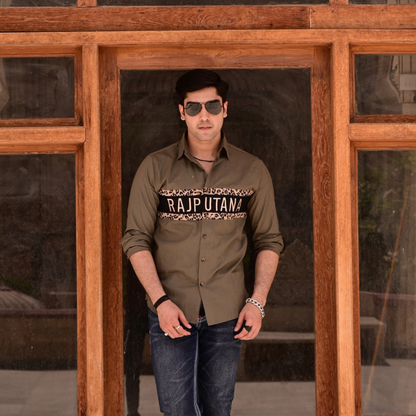 Solid Cotton Tiger Print Stripe Moss Green Rajputana Shirt