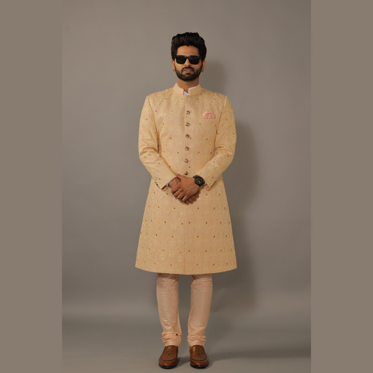 Lucknowi Embroidered Peach Color Achkan with Churidar