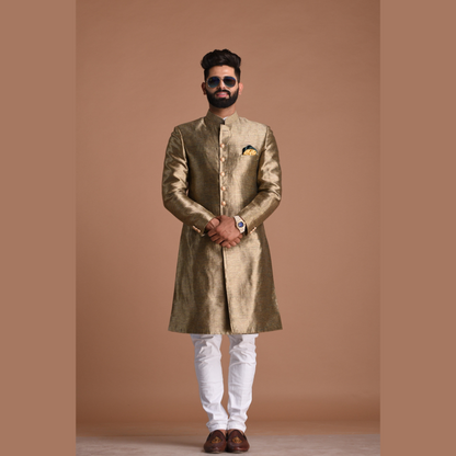 Maharaja Style Silk Kim-Khab Jade and Gold Dual Tone Achkan