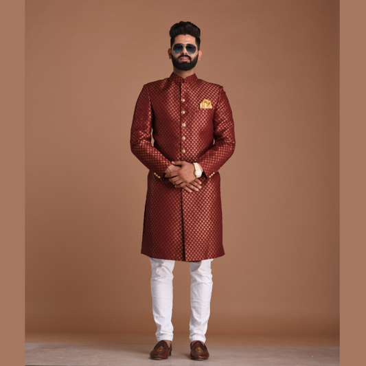 Maroon and Golden Booti Pattern Brocade Silk Maharaja Style Sherwani