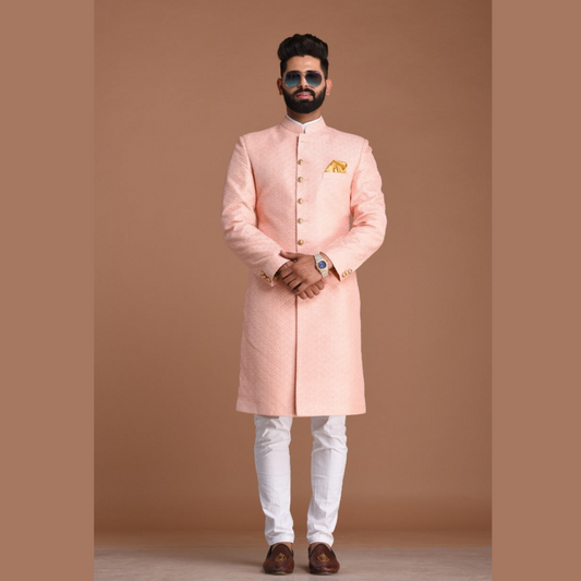 Pink Color Royal Club Pattern Brocade Silk Sherwani