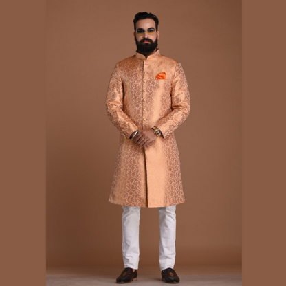 Royal Banarasi Brocade Floral Pattern Melon Color Sherwani